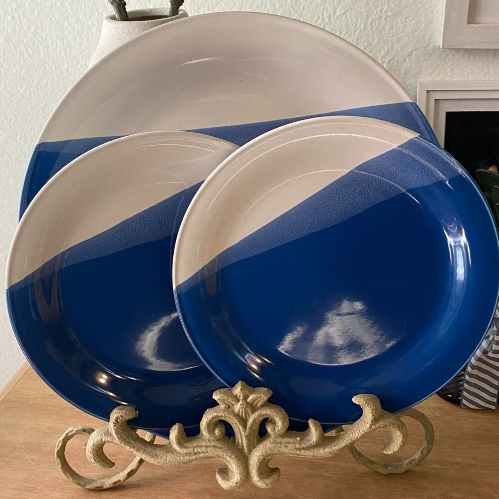 Vintage Sango Trio Blue Stoneware Dinner Plate + 2x dessert plates, Japan
